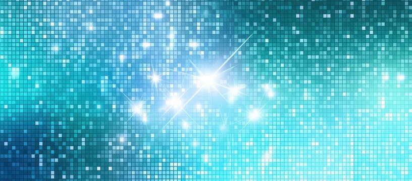 A shimmering grid of blue and turquoise digital lights with bright starbursts