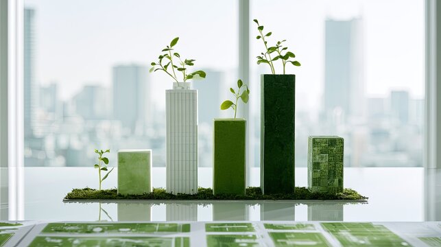 Green plants sprout from rectangular blocks arranged like a growing bar chart
