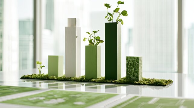 Growth chart with plants on moss, reflecting progress and sustainability