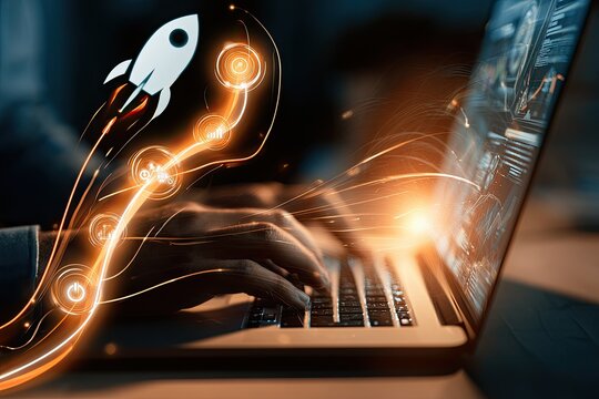 Startup rocket launching from laptop screen with glowing digital data streams