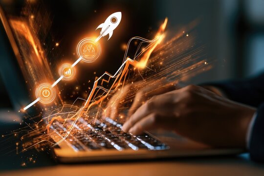Rocket launch and glowing graph surge upwards from laptop keyboard