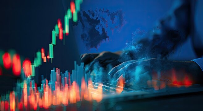 Futuristic digital financial chart overlays global map & person typing