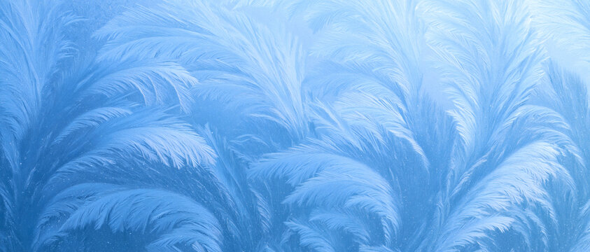 A close up view of natural frost patterns forming on a cold glass window surface during the winter season creating a beautiful abstract blue background