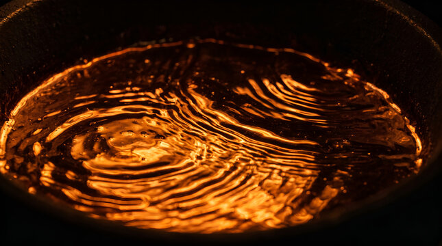 Molten glowing metal liquid ripples inside a dark foundry furnace container