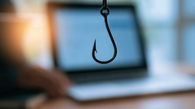 Cybersecurity threat: Fishing hook dangling over a laptop screen, symbolizing online scams and data theft risk