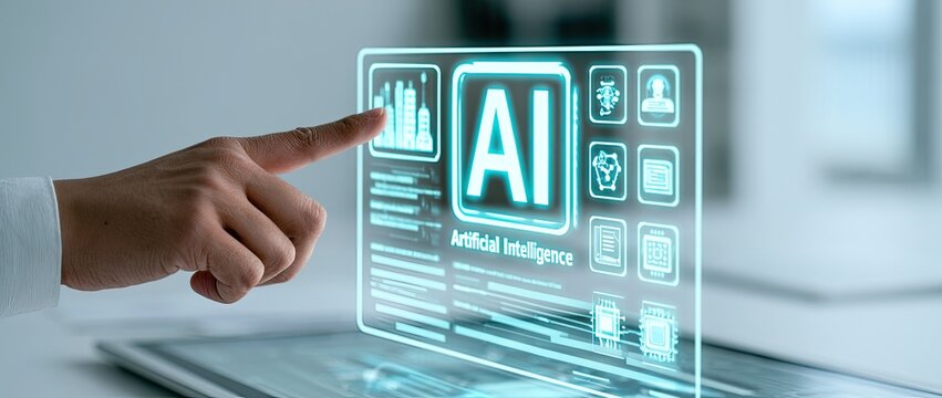 Hand interacts with glowing AI interface, exploring digital data and icons