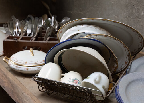 Vintage tableware drying at Vulture Mine Ghost Town near Wickenburg, Arizona.