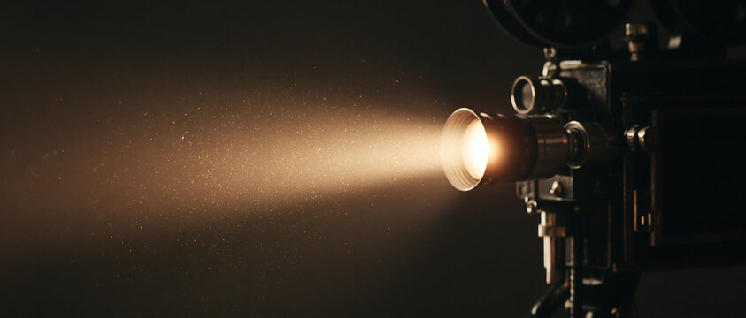A vintage film projector shines a bright beam of light through the air in a dark room to create a classic cinema atmosphere
