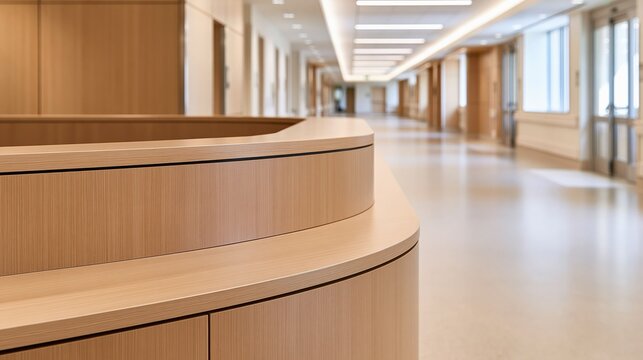 Modern Wooden Reception Desk in a Bright, Clean Hospital Corridor with Natural Light