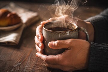 Fototapeta premium Editorial ritual — two hands warming on steaming cup