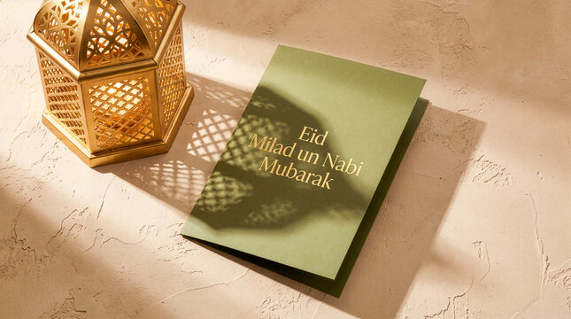 Green Eid Milad un Nabi greeting card with a gold lantern on a warm textured background