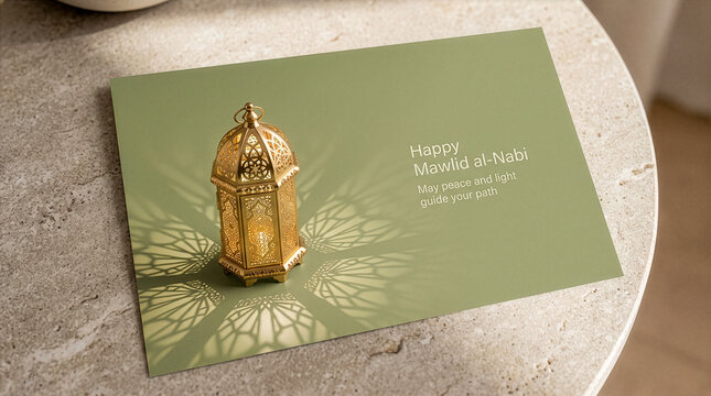 Ornate green and gold Milad un Nabi greeting card with hanging lantern decorations