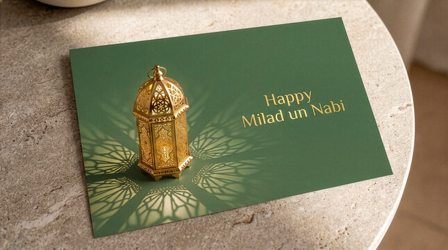 Green Milad un Nabi greeting card with a gold lantern on a pale stone table | Eid Milad-un-Nabi (12 Rabi-ul-Awwal)