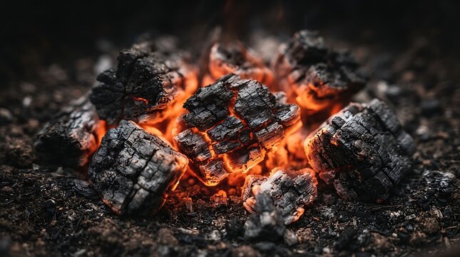 Charcoal embers glow intensely with bright orange heat in a dark fire pit.