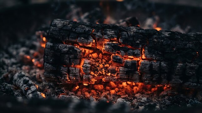 Charcoal log glows with intense heat from burning embers in a dark fireplace.