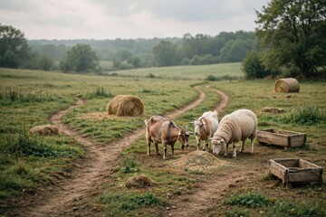 Fototapeta premium Donkeys on a Rustic Dirt Path Through Rolling Countryside