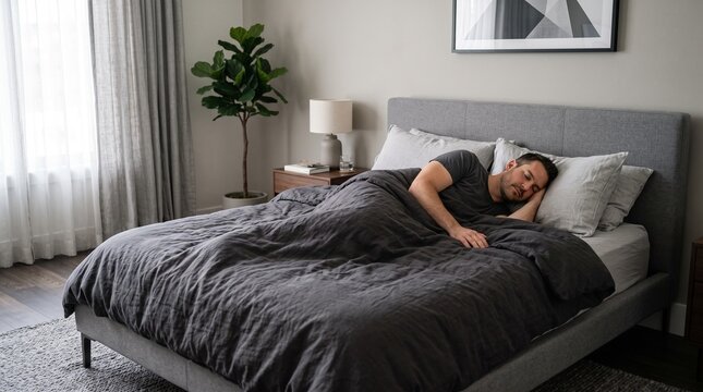 A handsome man sleeping peacefully in a comfortable modern bed with grey linen sheets in a stylish bedroom interior during a quiet morning at home.