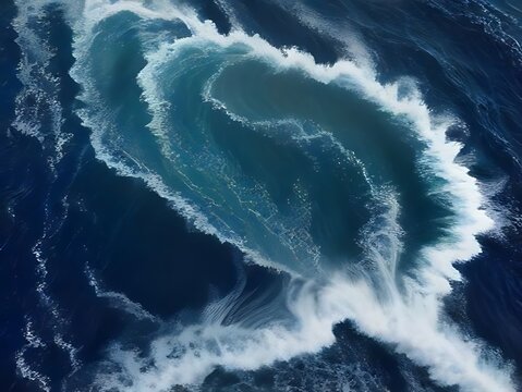 Aerial view of swirling ocean currents and waves.
