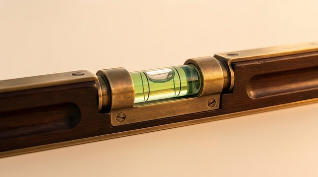 Close-up of a vintage spirit level tool, showing the bubble in the green liquid indicating perfect horizontal alignment, brass and wood construction.