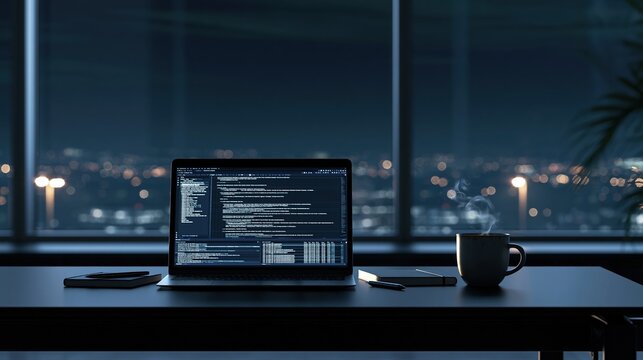 Laptop screen displaying code on a desk with a coffee cup and city lights at night