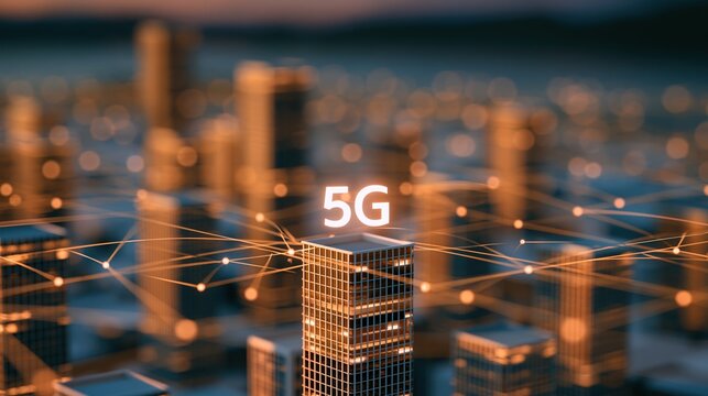Futuristic 5G network connecting glowing city skyline with abstract digital data lines at dusk