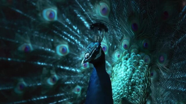 Close-up of a peacock displaying its iridescent blue and teal feathers in a low-lit setting