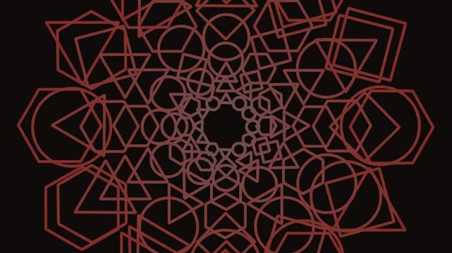 An intricate abstract design featuring interlocking red geometric shapes forming a circular pattern against a solid black background.