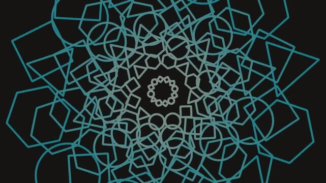 An intricate geometric pattern composed of overlapping blue lines forming various shapes against a solid black background.