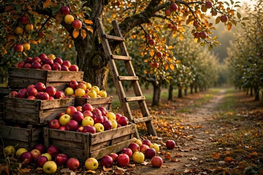 Rustic Apple Orchard Path in Autumn Season