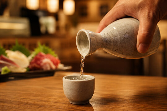 Clear Japanese sake pouring from a speckled ceramic tokkuri into a small ochoko cup, captured in sharp focus with warm restaurant ambience softly blurred behind.