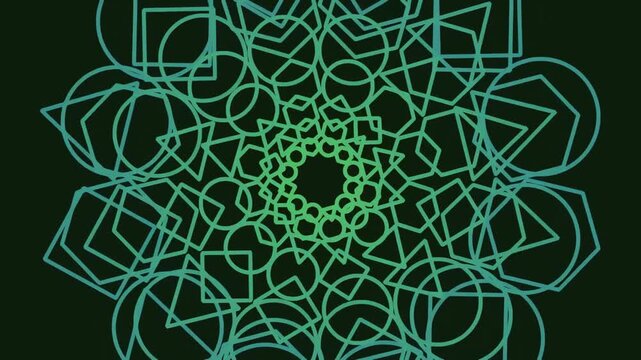 A complex abstract design featuring overlapping geometric shapes such as circles, squares, and triangles in green hues on a dark background.