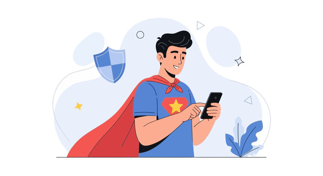 Superhero Man with Smartphone and Shield, Vector Illustration, Digital Security Concept