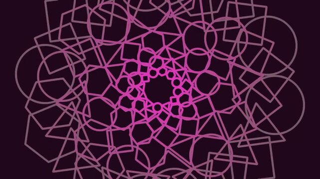 A complex abstract design featuring overlapping geometric shapes in pink hues, forming a circular pattern against a dark background.