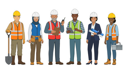 Obraz premium Diverse Construction Team Poses: A mixed group of construction workers, including men and women of various ethnicities and ages, stand together wearing safety helmets and vests, some holding tools.