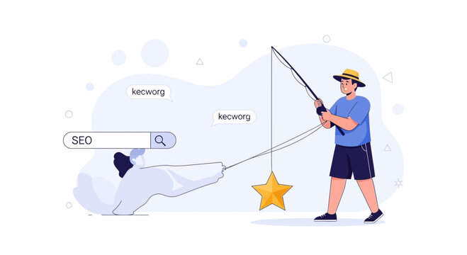 SEO Fishing: Man with fishing rod catches star bait in front of search bar and keywords