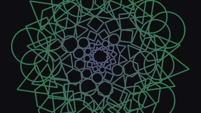 A complex abstract design featuring interlocking geometric shapes in green and blue hues, forming a symmetrical pattern against a black background.