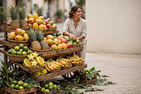 Woman at Market Stall with Abundant Fresh Fruits and Vegetables