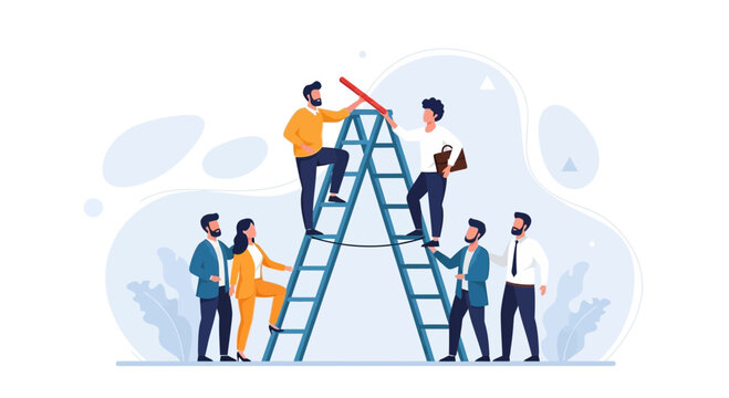 Teamwork and Collaboration: Business People Climbing Ladder for Success, Goal Achievement