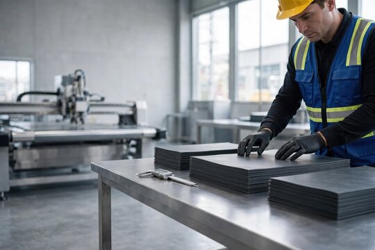 Worker inspecting printed materials in industrial factory setting