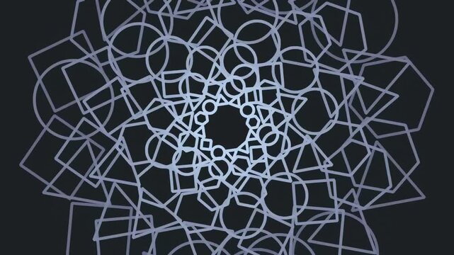 An intricate abstract design featuring overlapping geometric shapes such as circles and squares, creating a complex pattern against a dark background.
