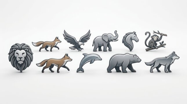 Pixel Art Animals Collection: Lion, Fox, Eagle, Elephant, Horse, Monkey, Dolphin, Bear, Wolf - White Background