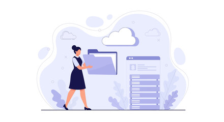 Fototapeta premium Woman Organizing Digital Files in Cloud Storage with Data Management Interface