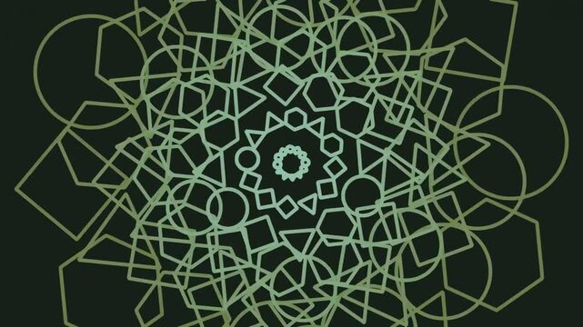 A complex geometric pattern featuring overlapping circles, squares, and polygons in green hues on a dark background, creating a symmetrical and abstract design.
