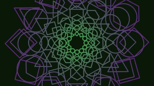Intricate geometric pattern featuring interlocking circles, triangles, and squares in purple and green hues on a dark background, creating a kaleidoscopic effect.