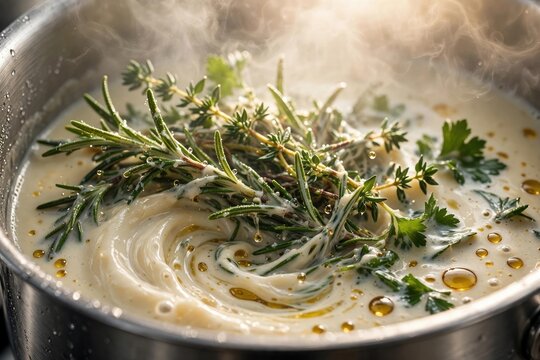 Aromatic Herbs Floating on Creamy Soup Bisque in Pot