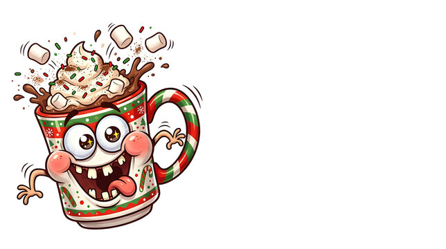 An irresistibly goofy cartoon Christmas mug with wild sparkling eyes, enormous crooked grin, puffed cheeks, tiny arms flailing in different directions, festive red-and-green handle tilted dramatically