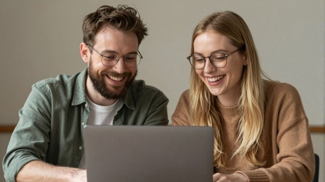 Smiling man and woman looking at a laptop together