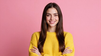 Fototapeta premium Smiling Young Woman in Yellow Sweater Standing Against Pink Background