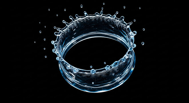 Water splash crown ring shape dropping into liquid surface with dark background