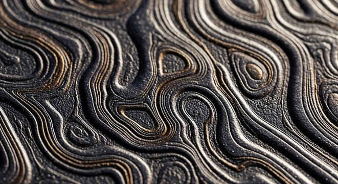 Abstract metal texture with intricate flowing wave patterns and dark industrial design background